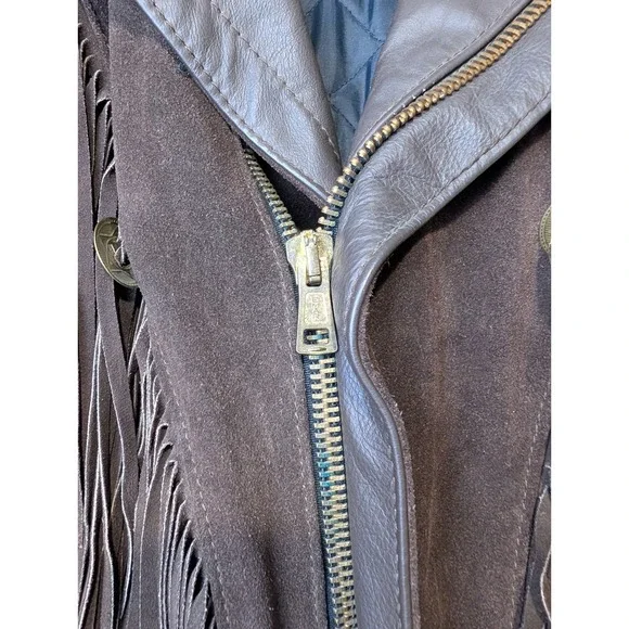 VTG Park V Leather Insulated Fringe Jacket Mens 46 Brown Suede Western Biker - Picture 3 of 11